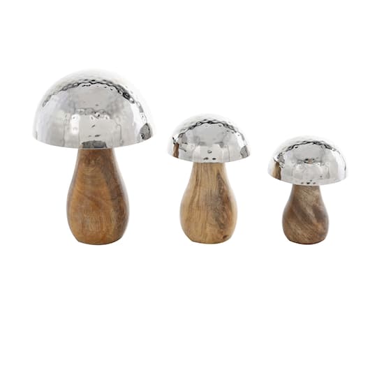 Stainless Steel & Wood Mushroom Hammered Sculpture Set